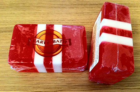 LFC Soap - red and white and in the bathroom