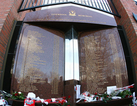 Hillsborough plaque and eternal flame at Anfield
