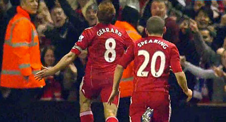 Gerrard celebrates scoring against Everton