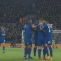 Leicester celebrate making it 2-0 in the 39th minute v Liverpool