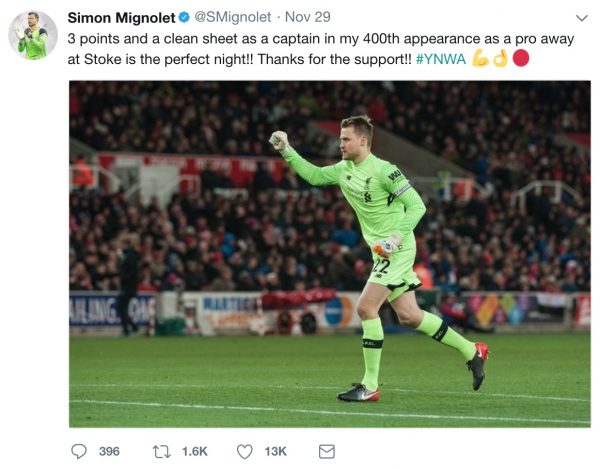 Mignolet 400th on Twitter