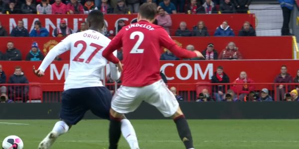 Divock Origi fouled in the build up to the United goal