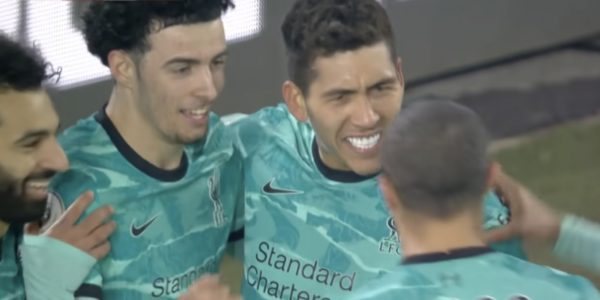 Roberto Firmino and Curtis Jones celebrate goal at Sheffield United