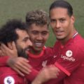 Mo Salah, Roberto Firmino and Virgil van Dijk celebrate wondergoal