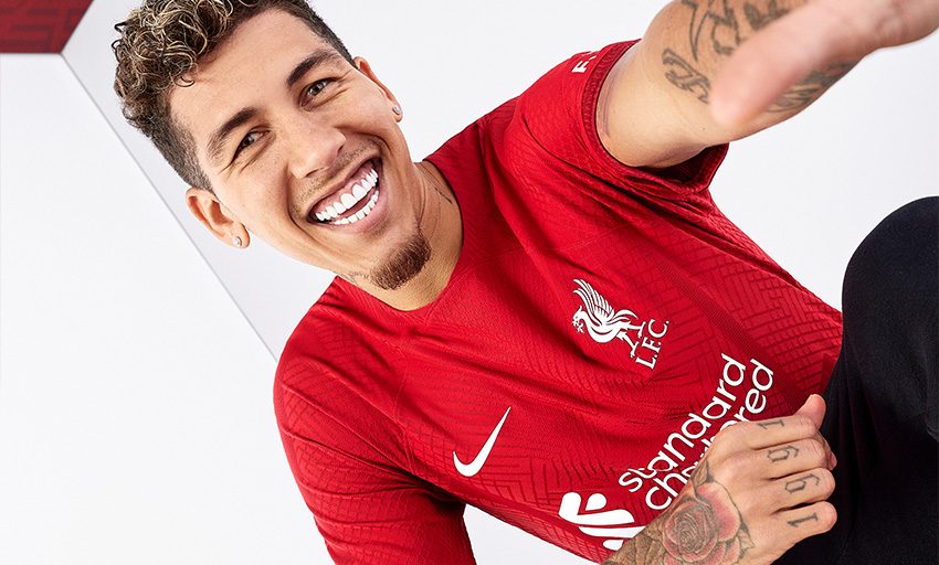 Firmino shows off the new match-worn LFC home kit for 2022/23