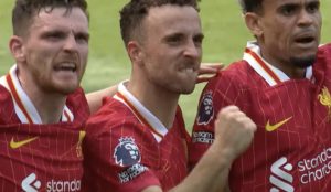 Diogo Jota scores LFC's opening goal of the 2024-25 season