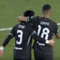 Cody Gakpo and Wataru Endo celebrate Gakpo's goal in Eindhoven