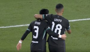 Cody Gakpo and Wataru Endo celebrate Gakpo's goal in Eindhoven