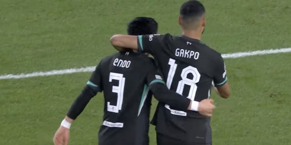 Cody Gakpo and Wataru Endo celebrate Gakpo's goal in Eindhoven