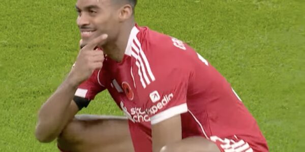 Ryan Gravenberch celebrates his goal against Villa